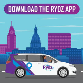 CATA Rydz promotional graphic showing "Download the Rydz App" and a cartoon of a CATA Rydz van