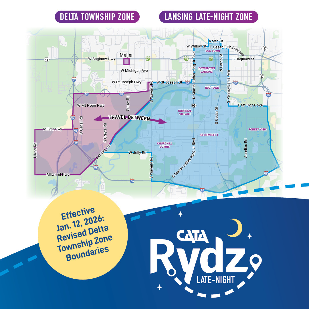 CATA Rydz Late Night map. Effective Jan 12 2026, Revised Delta Township Zone Boundaries