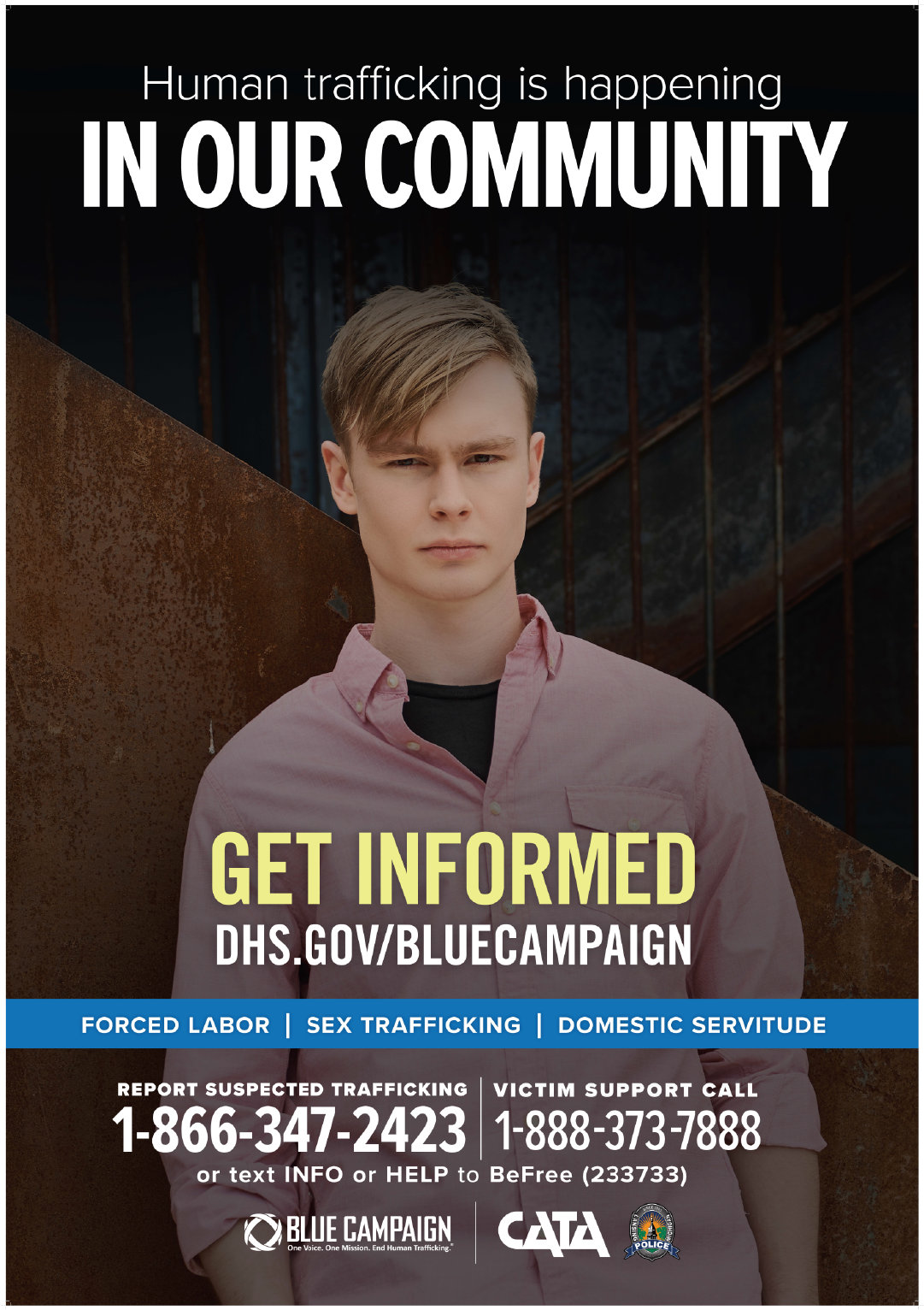 poster with title "Human trafficking is happening in our community" and a young man standing against a wall centered on the poster