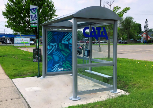 Bus Shelter located on Cedar Street with palm artwork