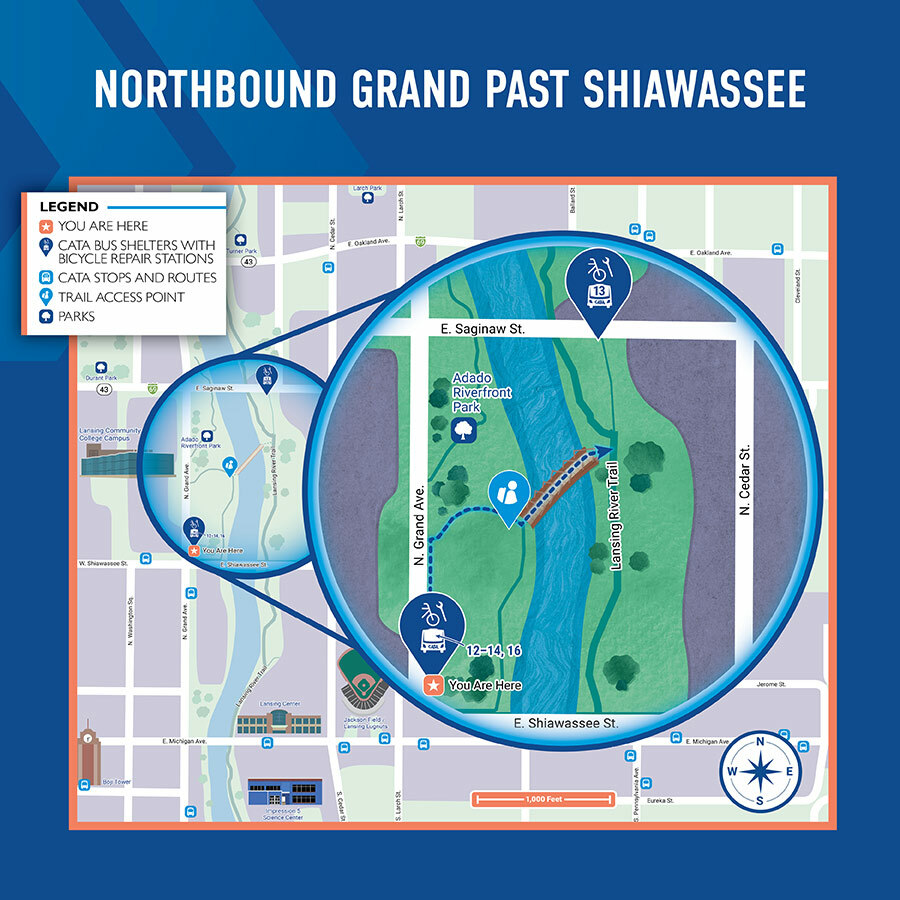 Northbound Grand past Shiawassee wayfinding sign